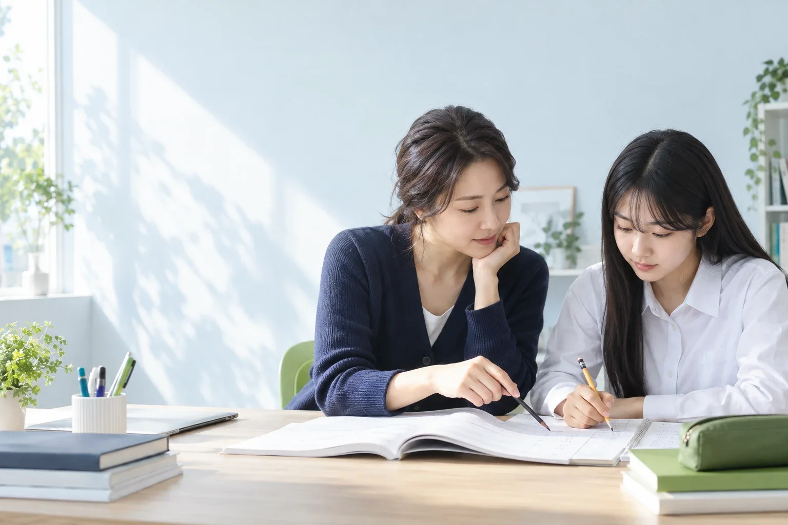 선생님과 학생이 같은 교재를 살펴보는 AI 연출 이미지