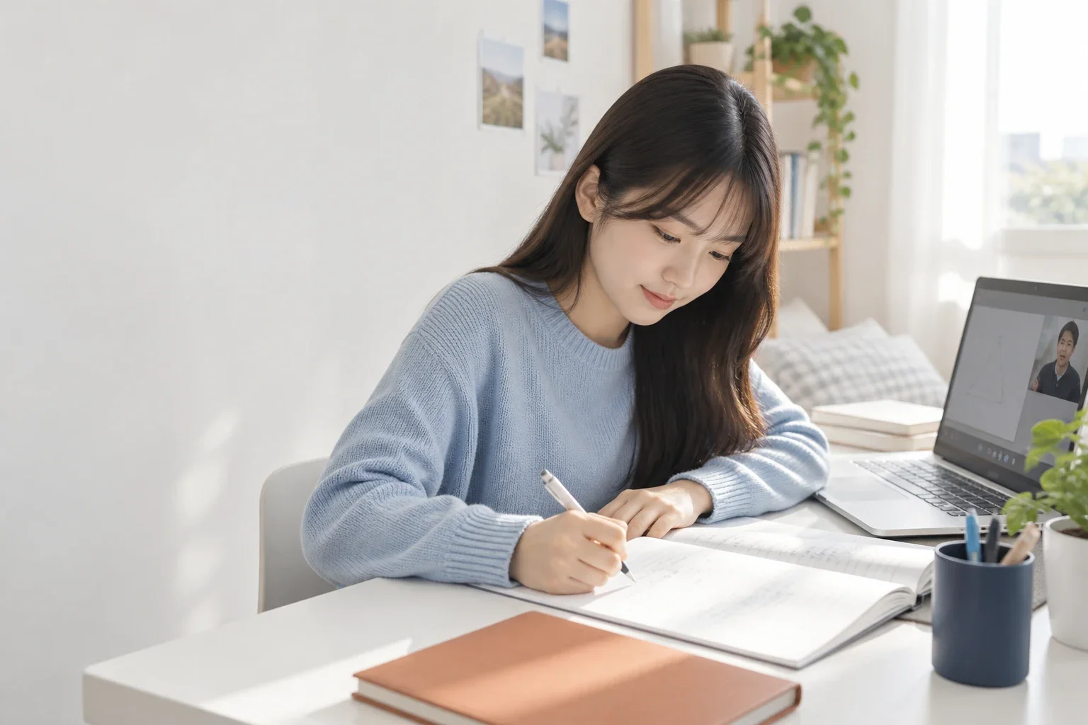 학생이 책상에서 노트와 학습 자료를 정리하는 AI 연출 장면