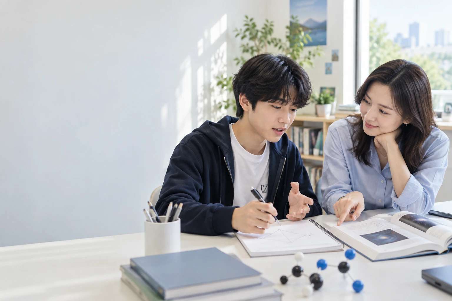 선생님과 학생이 영어 교과를 함께 공부하는 AI 연출 이미지