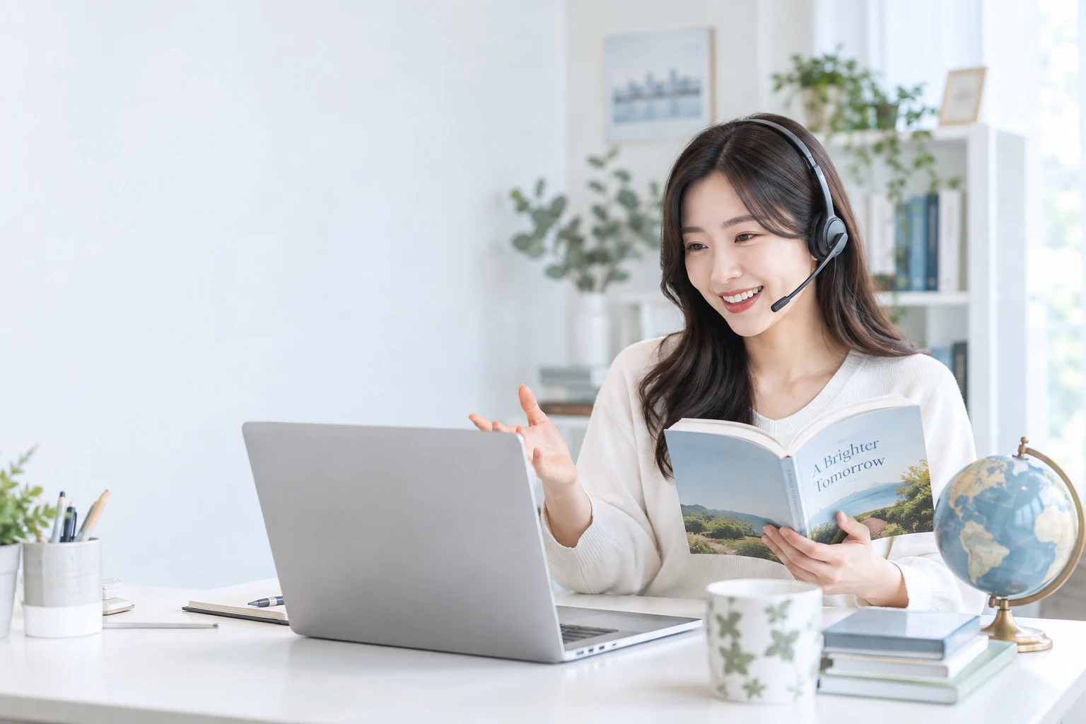 노트북과 자료를 준비하고 온라인 대화를 하는 성인의 AI 이미지