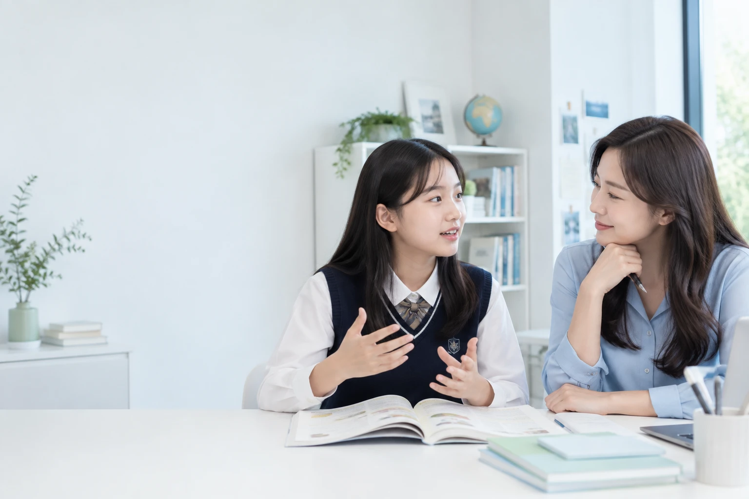 영어책을 읽고 생각을 나누는 학생과 선생님의 AI 생성 이미지