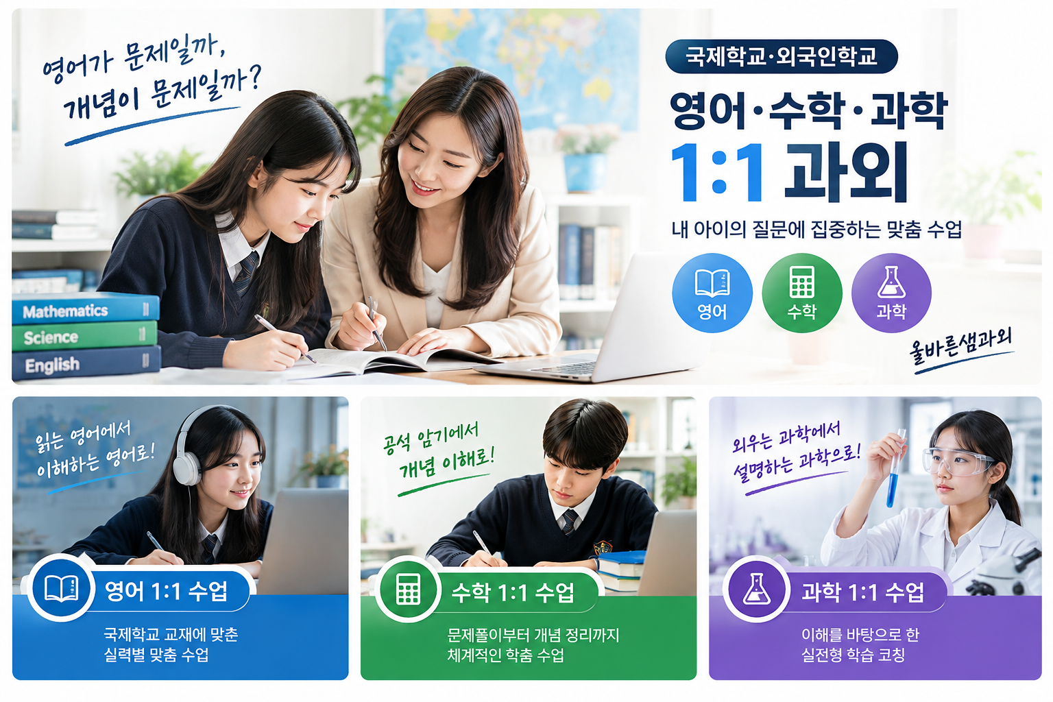 올바른샘과외 국제학교·외국인학교 영어·수학·과학 1:1 과외. 영어는 교재에 맞춘 실력별 수업, 수학은 문제 풀이와 개념 정리, 과학은 이해를 바탕으로 한 학습 코칭.