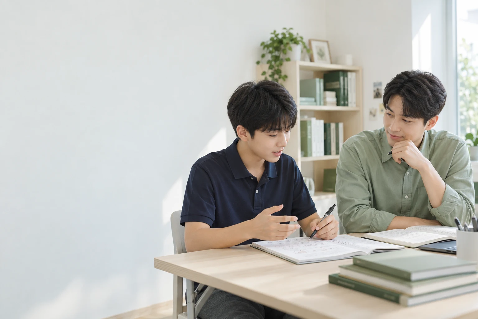 자신의 풀이를 설명하는 학생의 이야기를 듣는 선생님